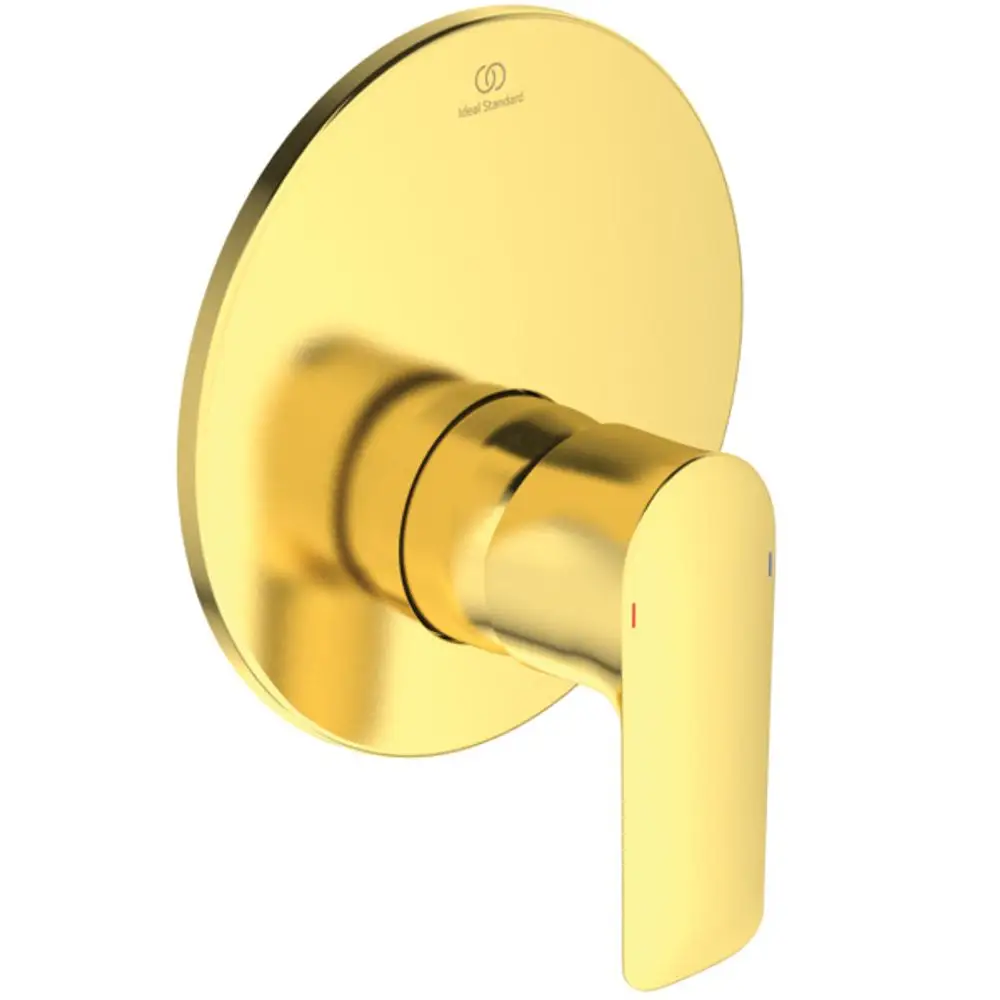 Wandmontierte Armatur aus glänzendem Gold mit runder Rosette. Der Hebel hat farblich gekennzeichnete Markierungen. Hersteller ist Ideal Standard.